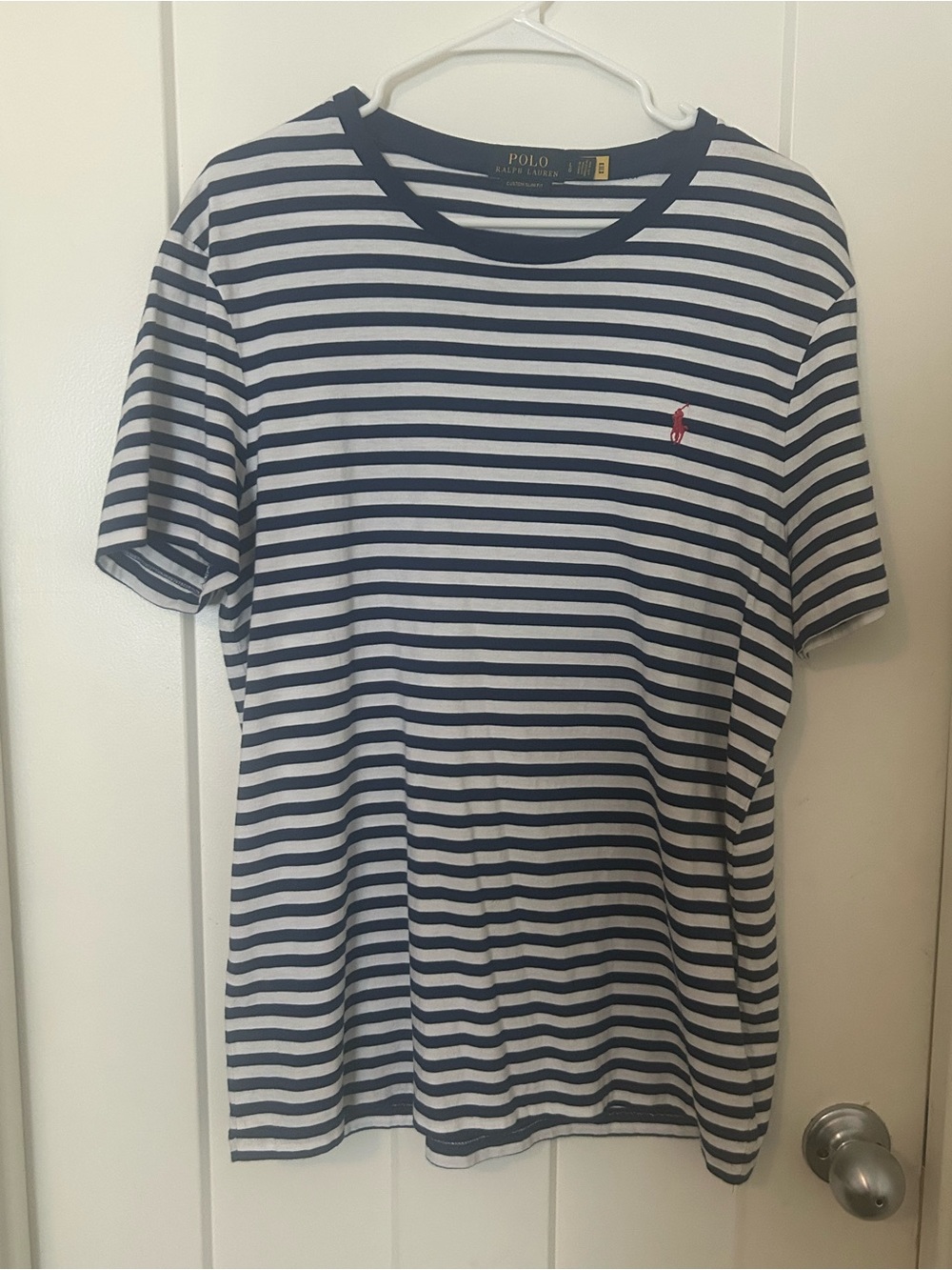 Ralph Lauren Navy & White Striped Crewneck Tee with Red Pony
